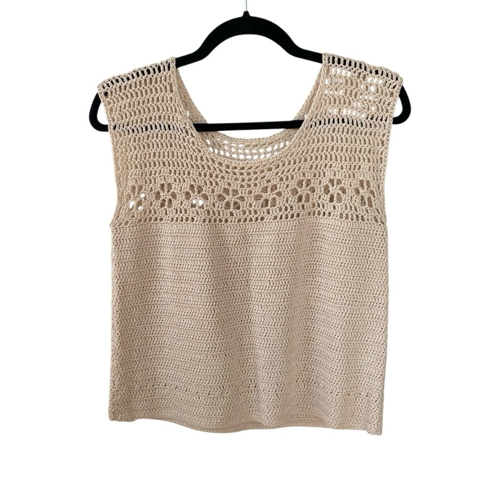 Hand Knit Cotton Crochet Knit Sleeveless Sweater Tank Top Tan XS